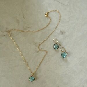 Gold Necklace and Earrings Set with Teal Gemstone Pendant